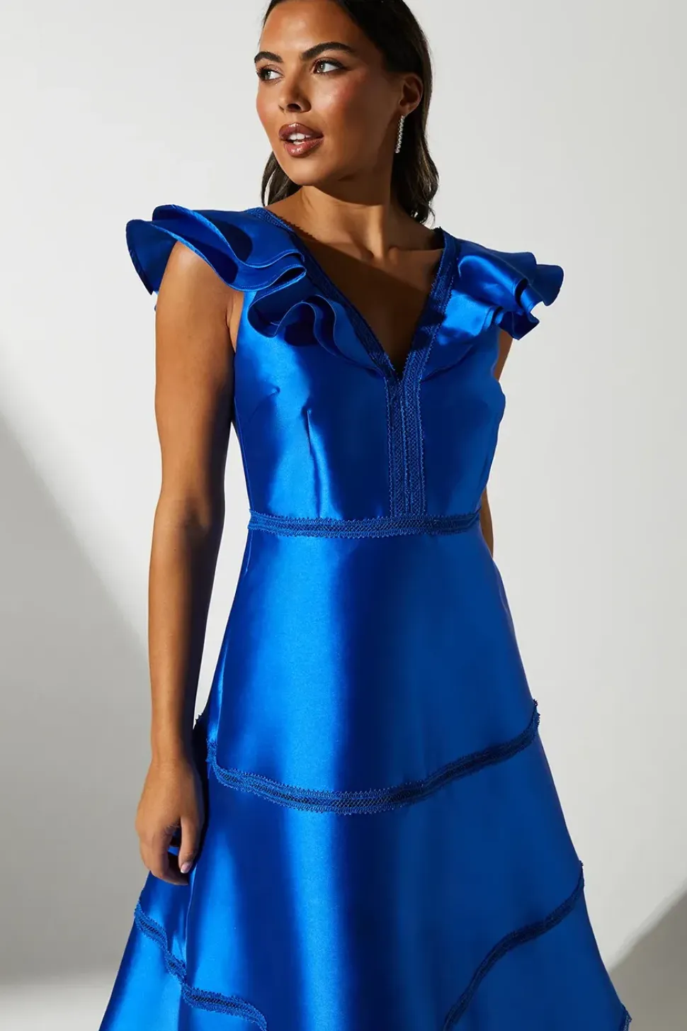 Ruffle Sleeve Lace Panelled Twill Dress