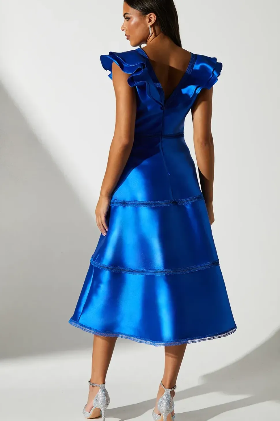 Ruffle Sleeve Lace Panelled Twill Dress