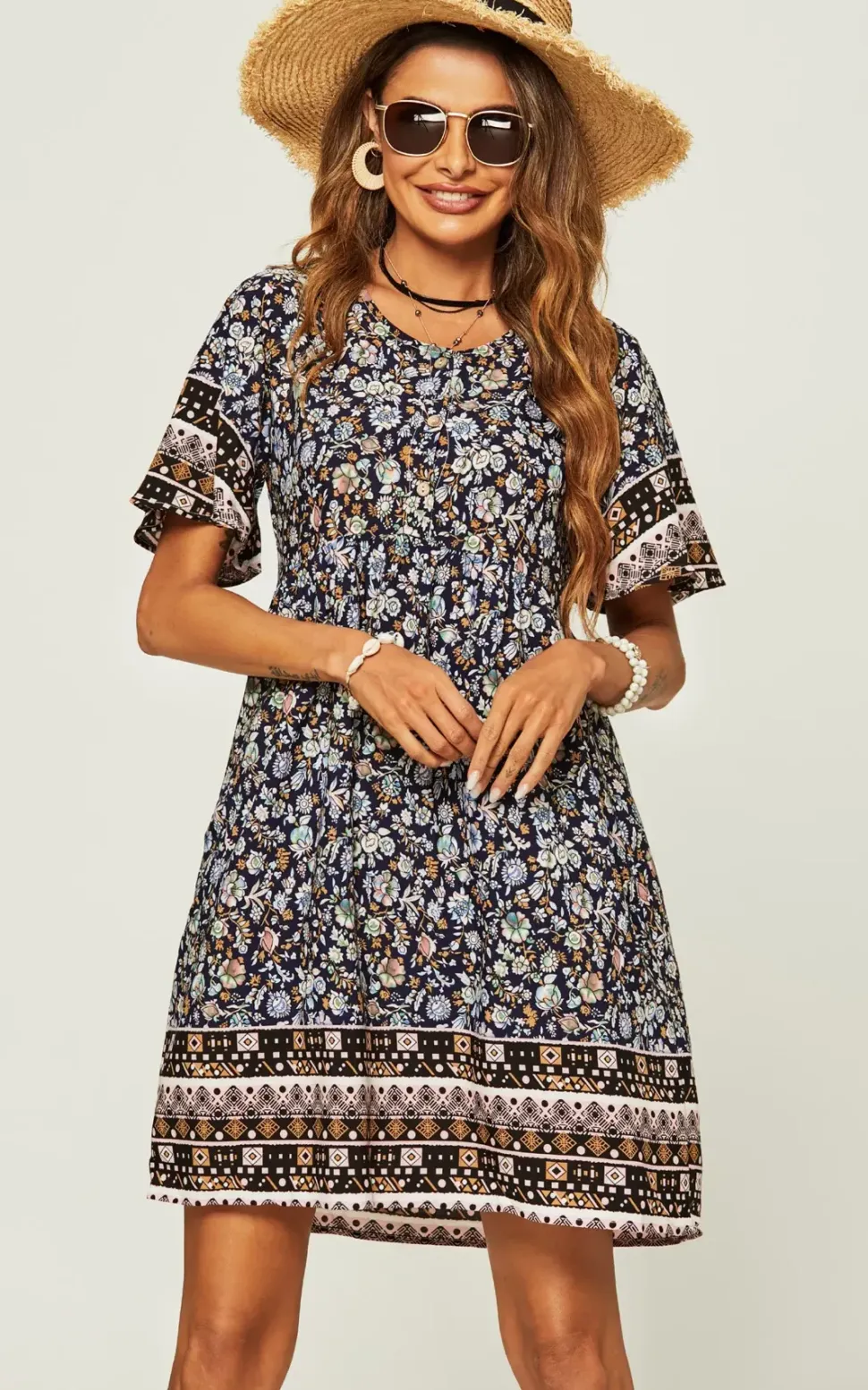 Ruffle Sleeve Mini Dress In Navy Print