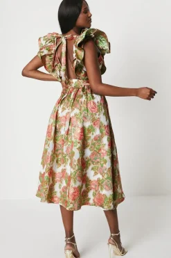 Ruffle Sleeve Organza Jacquard Midi Dress