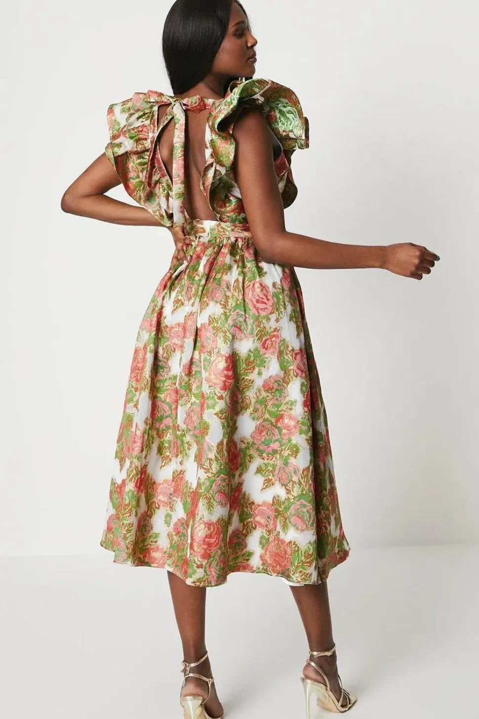 Ruffle Sleeve Organza Jacquard Midi Dress