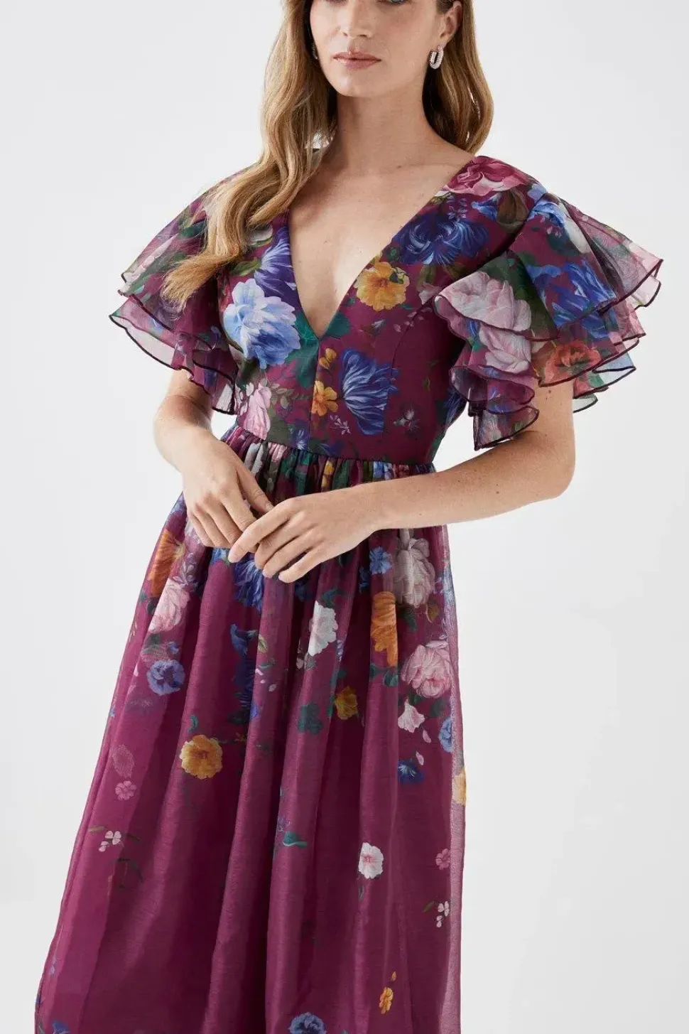 Ruffle Sleeve Placement Print Full Skirt Midi Dress