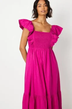 Ruffle Sleeve Shirred Bodice Midi Dress