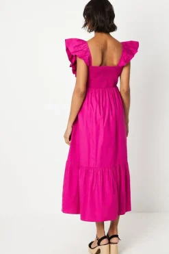 Ruffle Sleeve Shirred Bodice Midi Dress