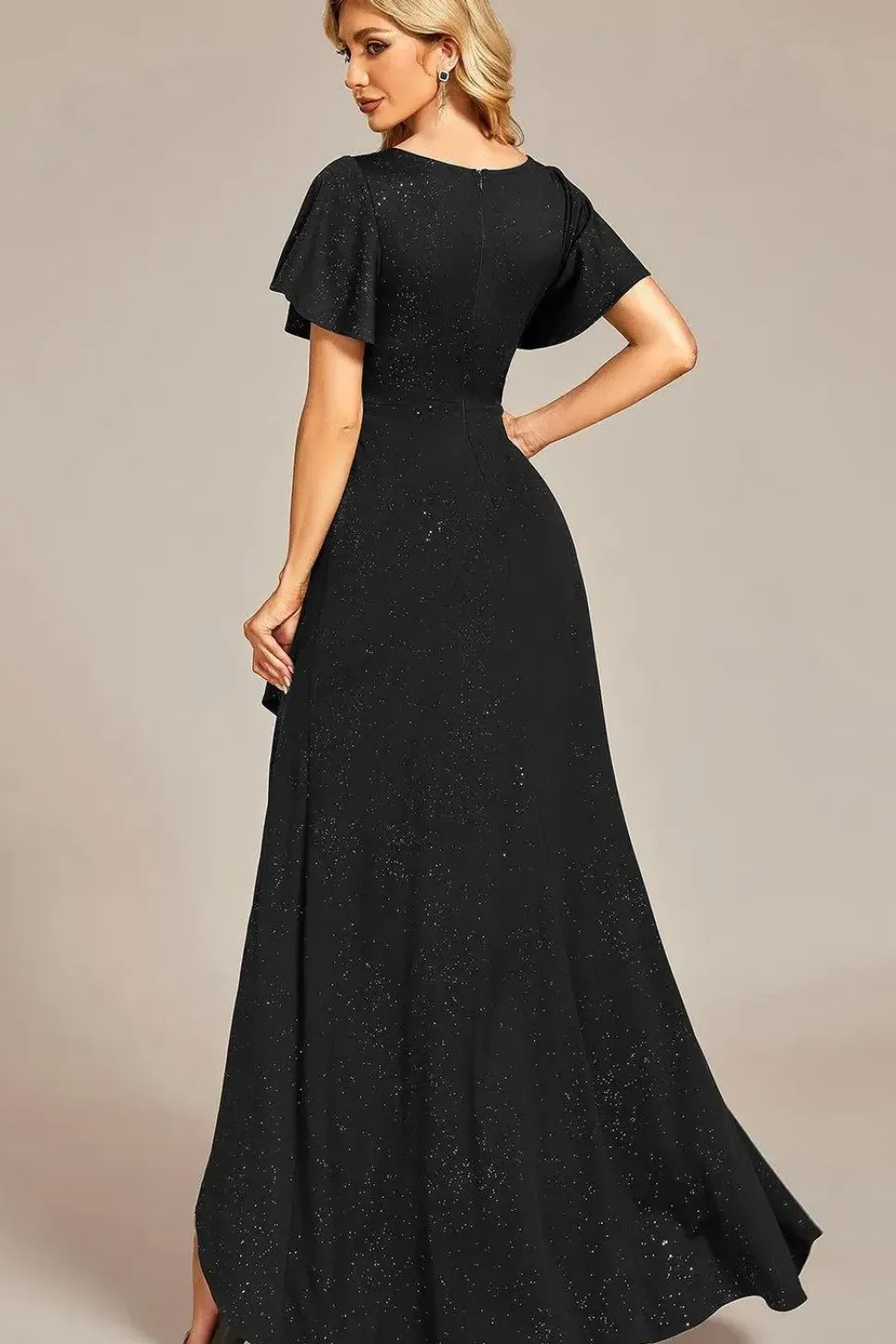Ruffle Sleeves V Neck High Low Evening Dress