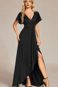 Ruffle Sleeves V Neck High Low Evening Dress