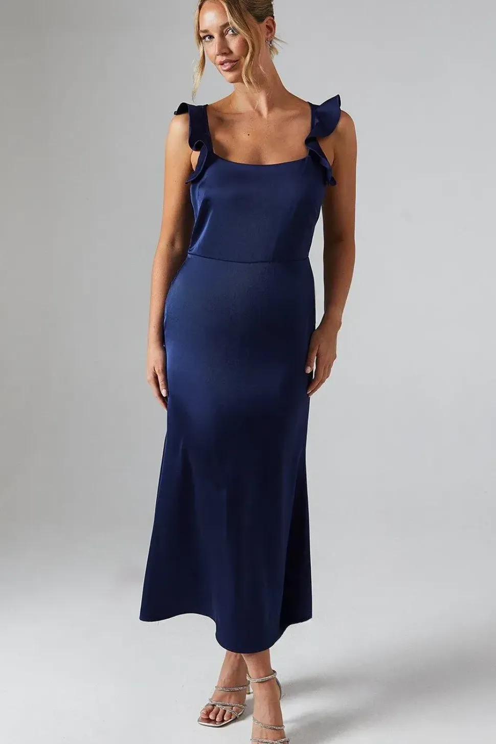Ruffle Square Neck Satin Bridesmaids Midi Dress