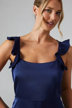 Ruffle Square Neck Satin Bridesmaids Midi Dress