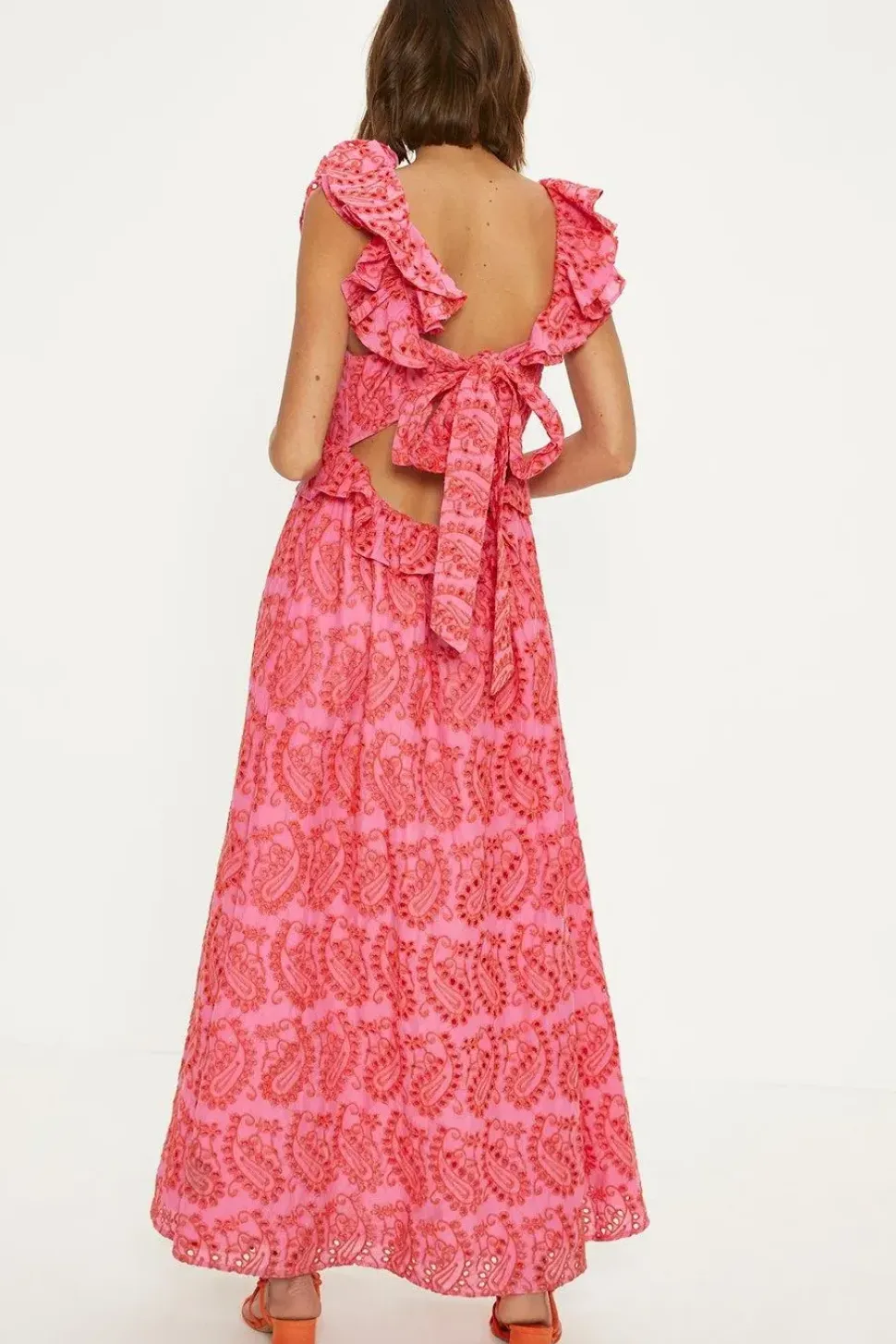 Ruffle Strap Tie Back Broderie Dress