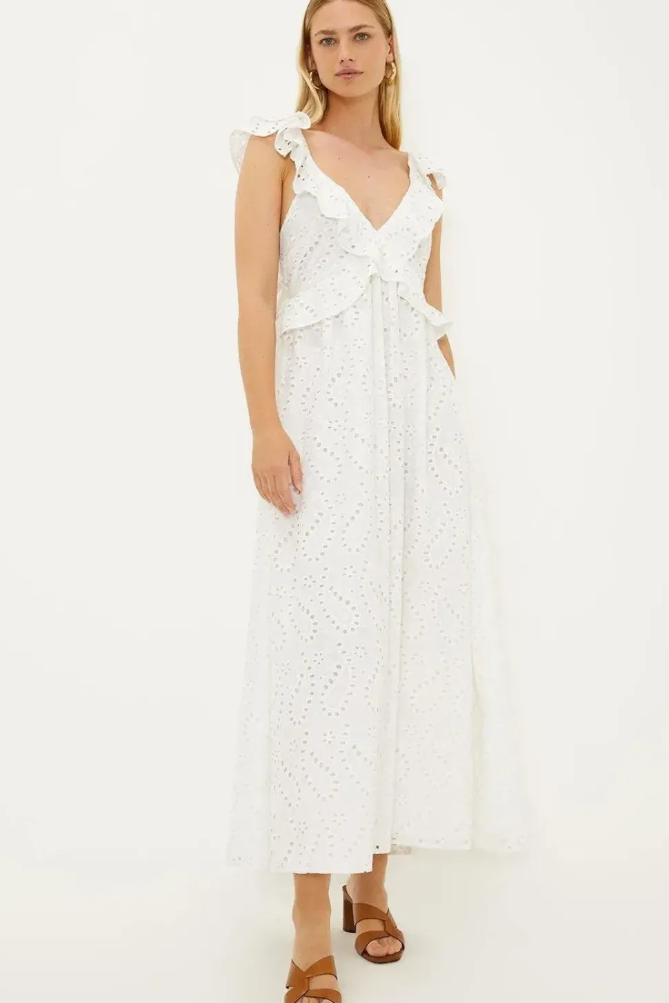 Ruffle Strap Tie Back Broderie Dress