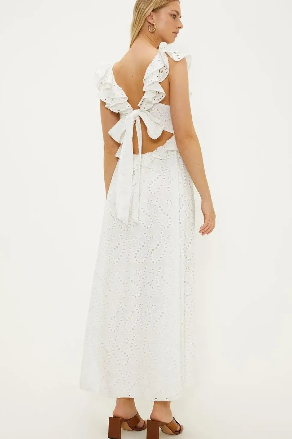 Ruffle Strap Tie Back Broderie Dress
