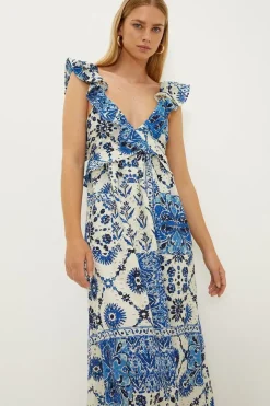 Ruffle Strap Tie Back Printed Broderie Dress