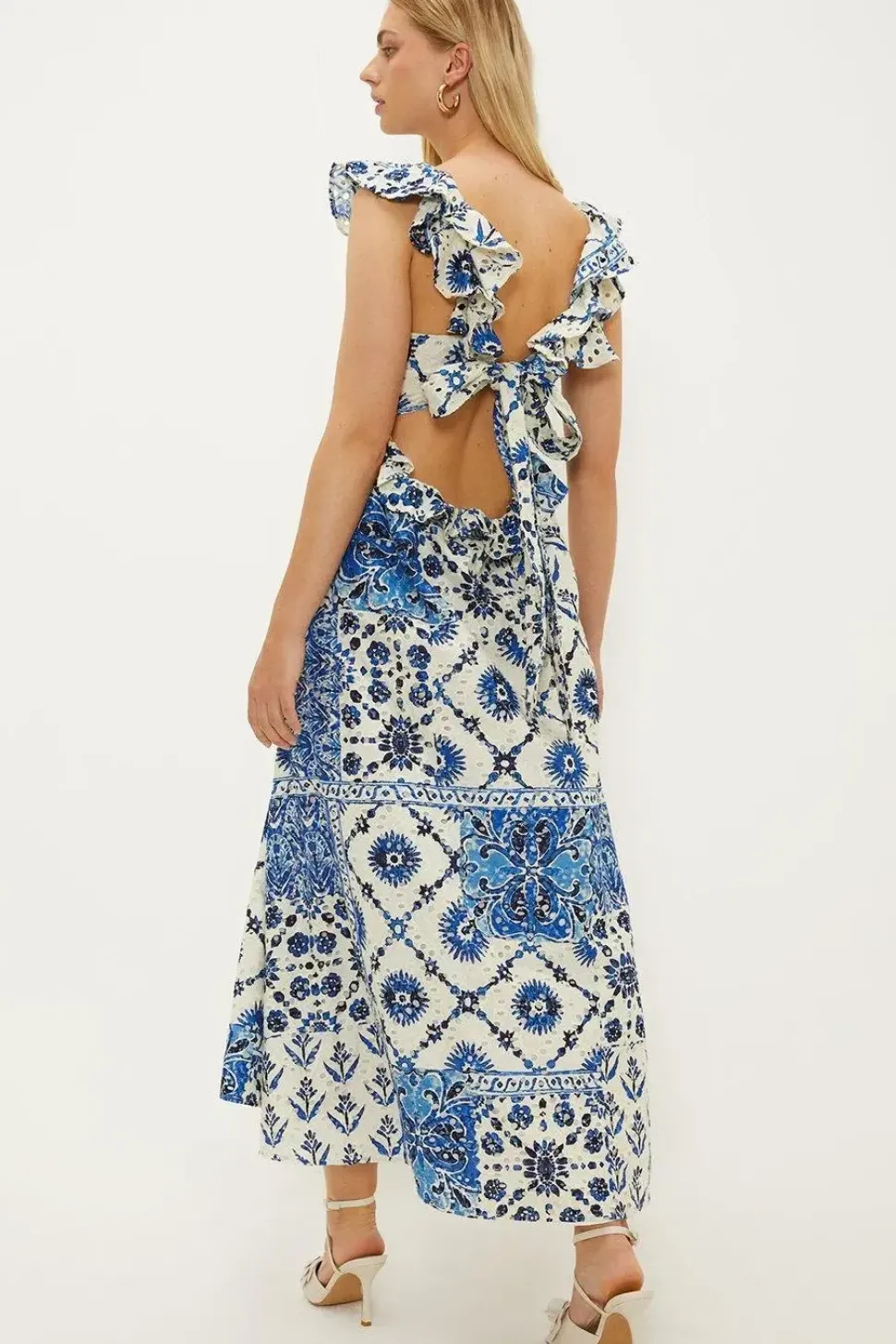 Ruffle Strap Tie Back Printed Broderie Dress
