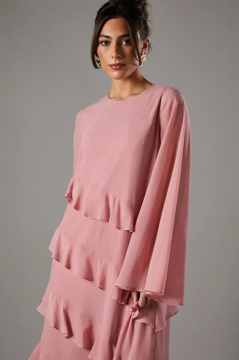 Ruffle Tiered Long Sleeve Gown