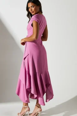 Ruffle Wrap Front Belted Midi Dress