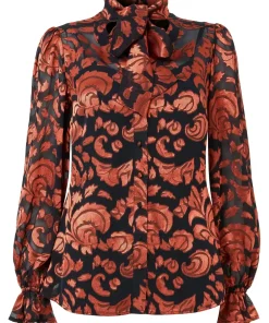 Rust Floral Festive Mesh Blouse with Pussybow Tie