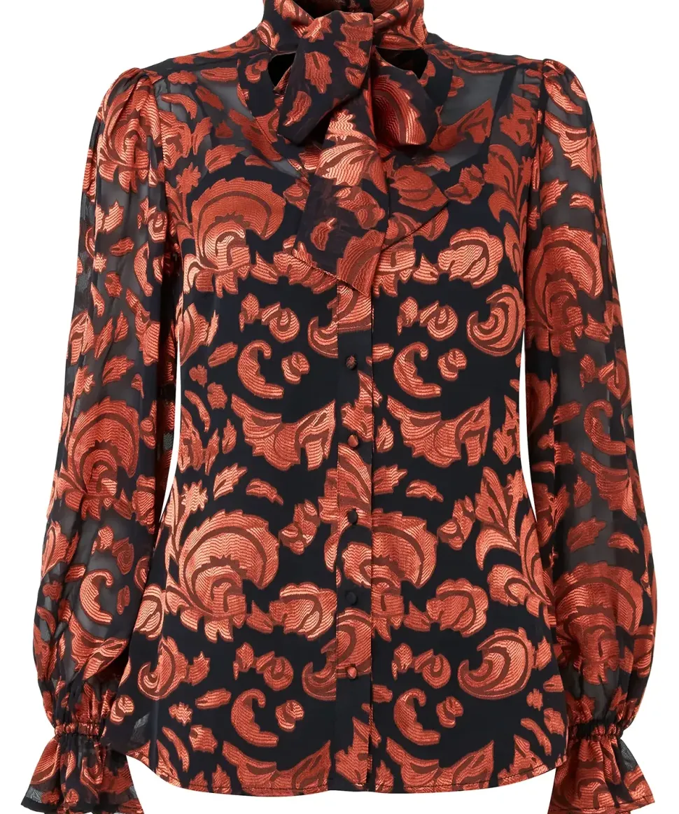Rust Floral Festive Mesh Blouse with Pussybow Tie