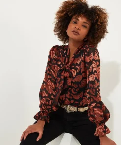 Rust Floral Festive Mesh Blouse with Pussybow Tie