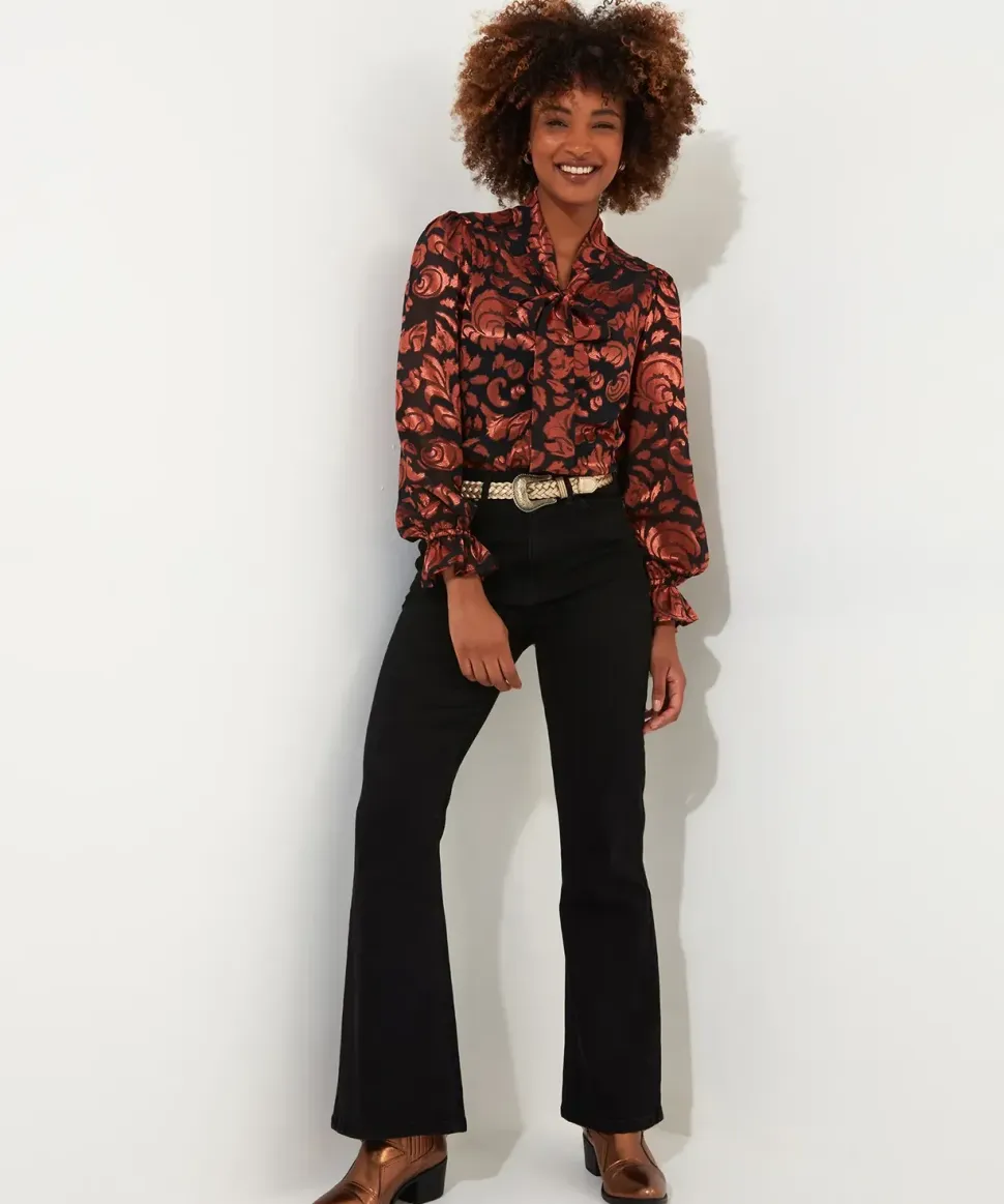 Rust Floral Festive Mesh Blouse with Pussybow Tie