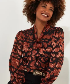 Rust Floral Festive Mesh Blouse with Pussybow Tie
