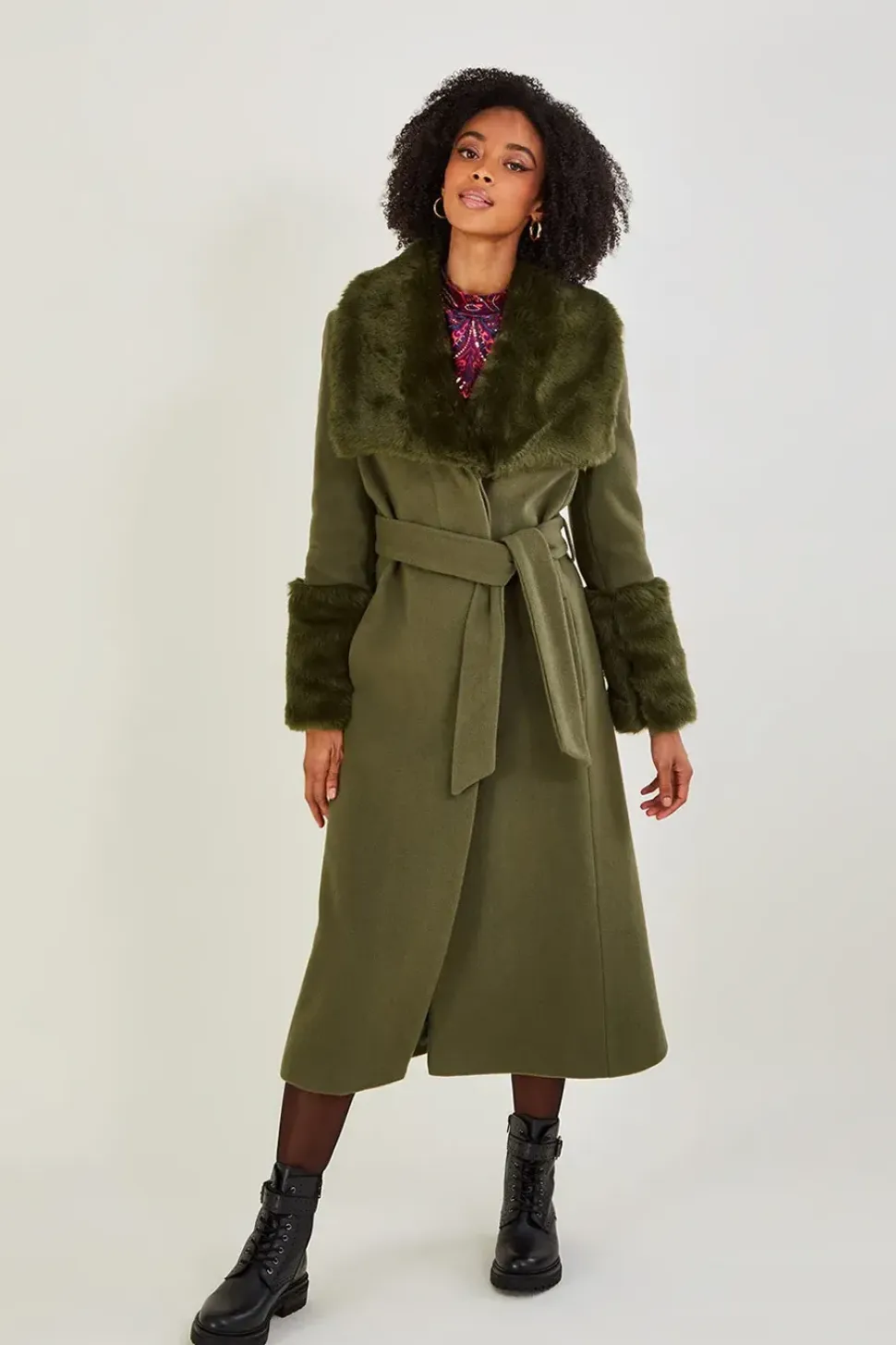 Sadie Faux Fur Trim Wrap Coat