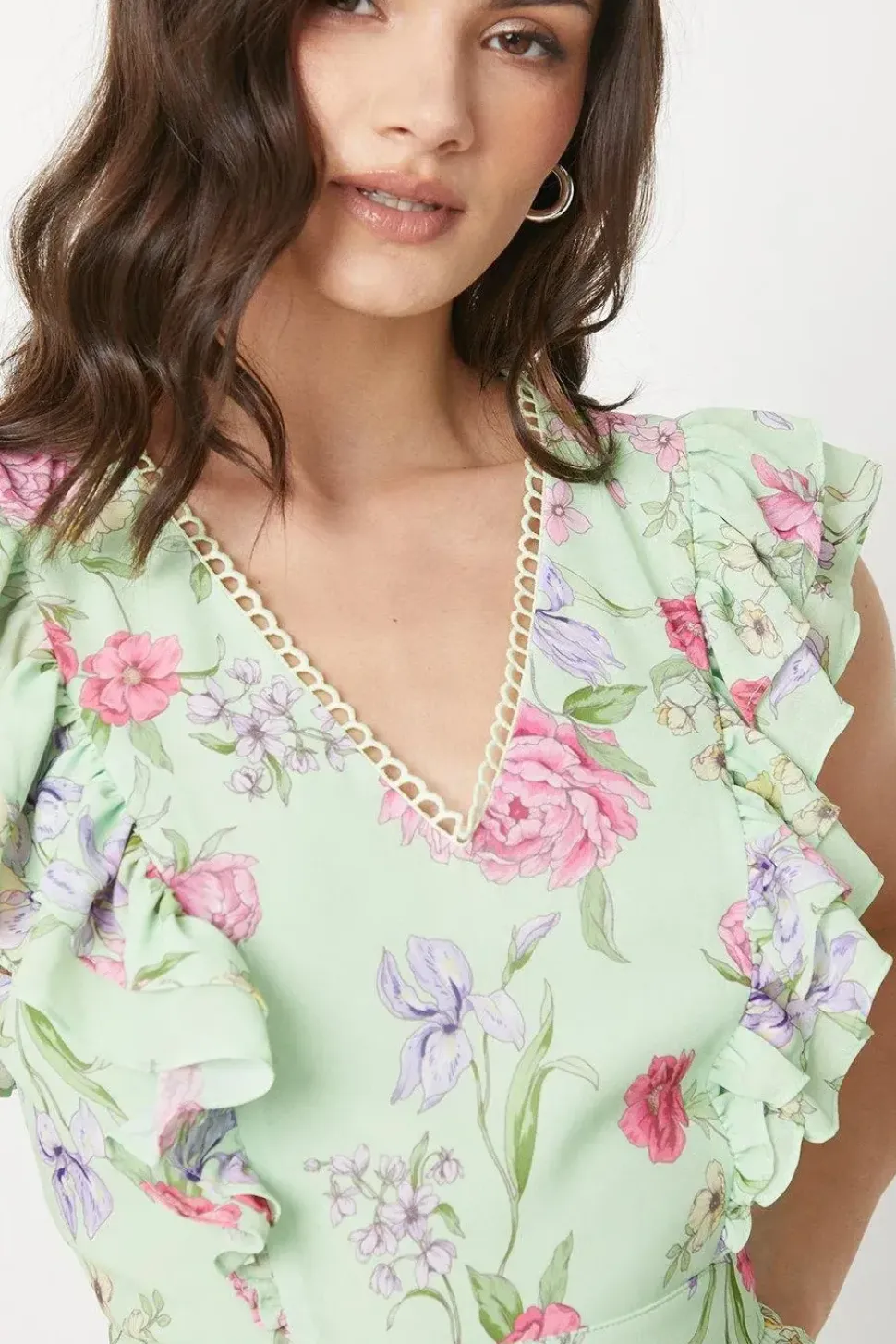 Sage Floral Asymmetric Chiffon Ruffle Midi Dress