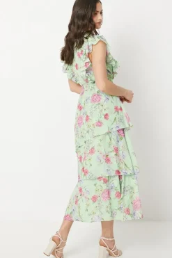 Sage Floral Asymmetric Chiffon Ruffle Midi Dress