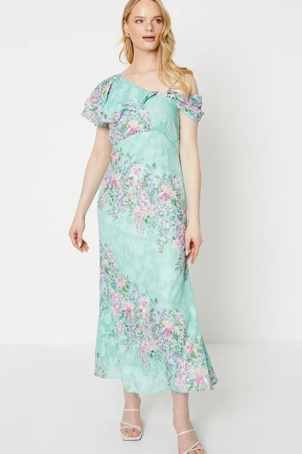 Sage Floral Asymmetric Frill Satin Burnout Maxi Dress