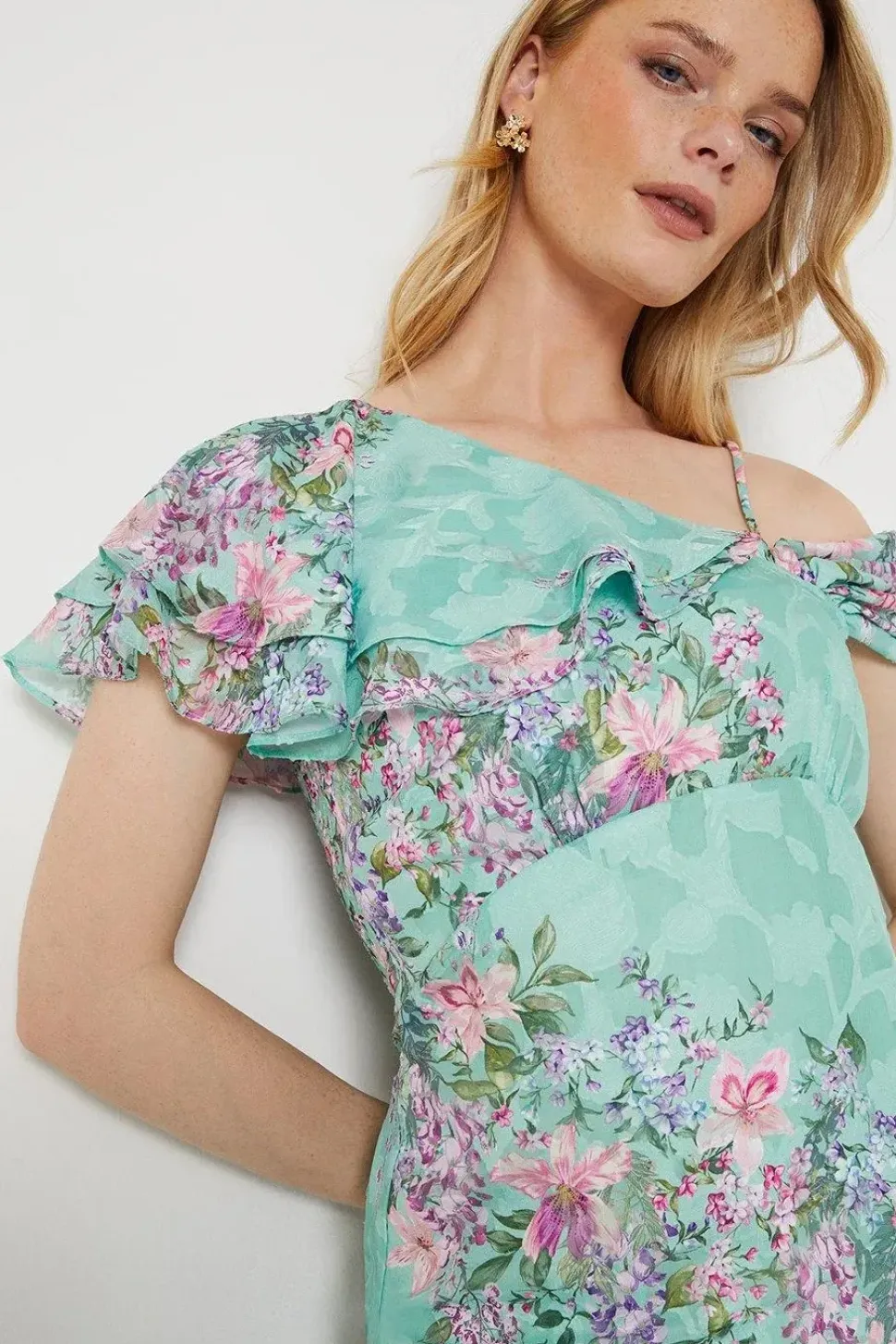 Sage Floral Asymmetric Frill Satin Burnout Maxi Dress