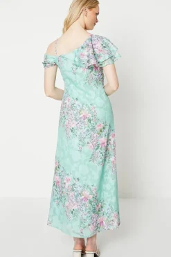 Sage Floral Asymmetric Frill Satin Burnout Maxi Dress