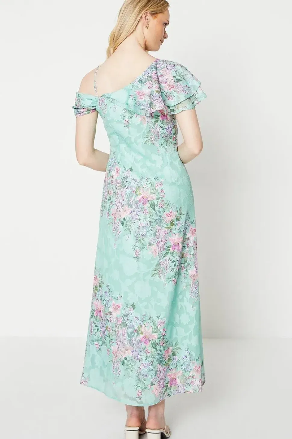 Sage Floral Asymmetric Frill Satin Burnout Maxi Dress