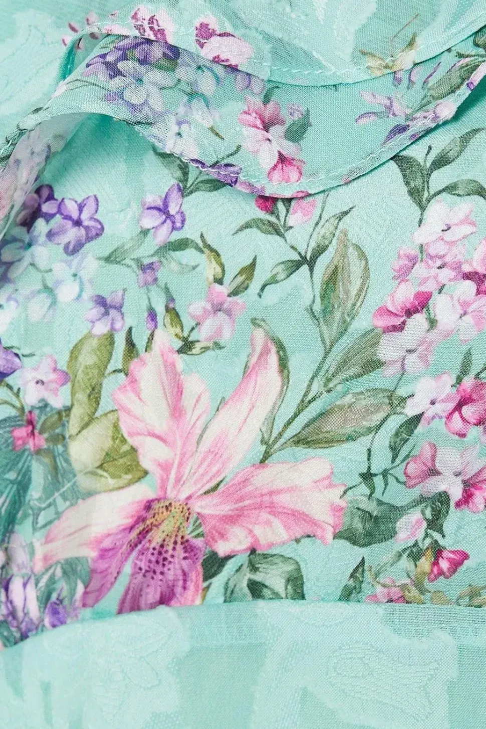 Sage Floral Asymmetric Frill Satin Burnout Maxi Dress