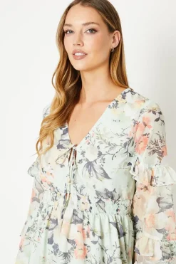 Sage Floral Chiffon Frill Balloon Sleeve Mini Skater Dress