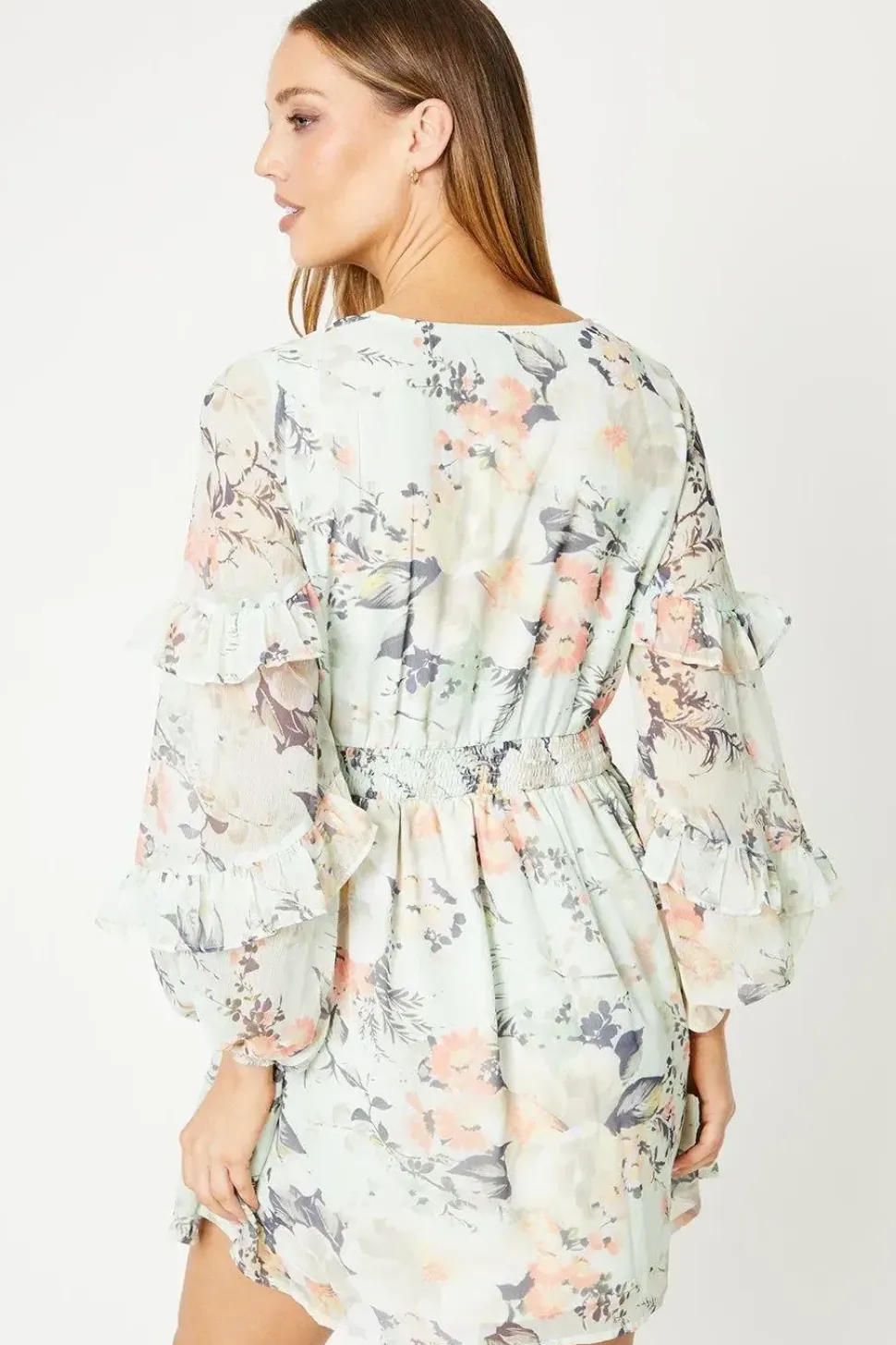 Sage Floral Chiffon Frill Balloon Sleeve Mini Skater Dress