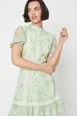 Sage Floral Dobby Chiffon Lace Trim Mini Dress