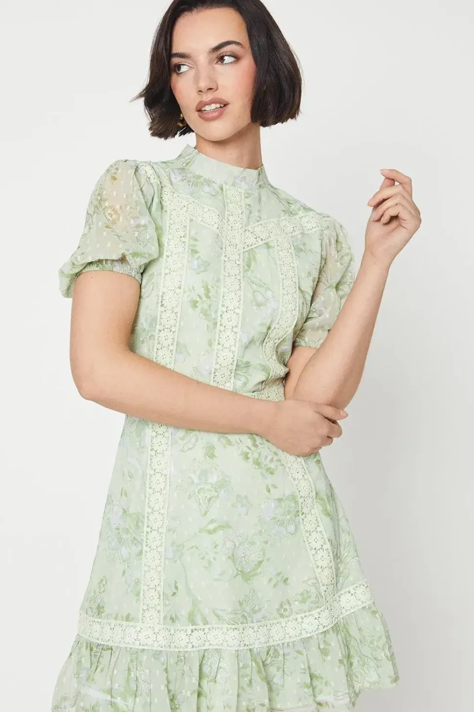 Sage Floral Dobby Chiffon Lace Trim Mini Dress