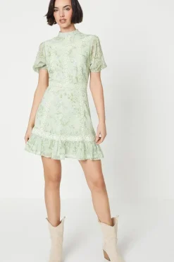 Sage Floral Dobby Chiffon Lace Trim Mini Dress