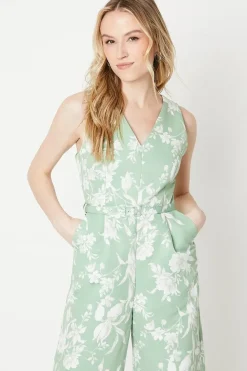Sage Floral Ottoman Twill Belted Wide Leg Jumpsuit