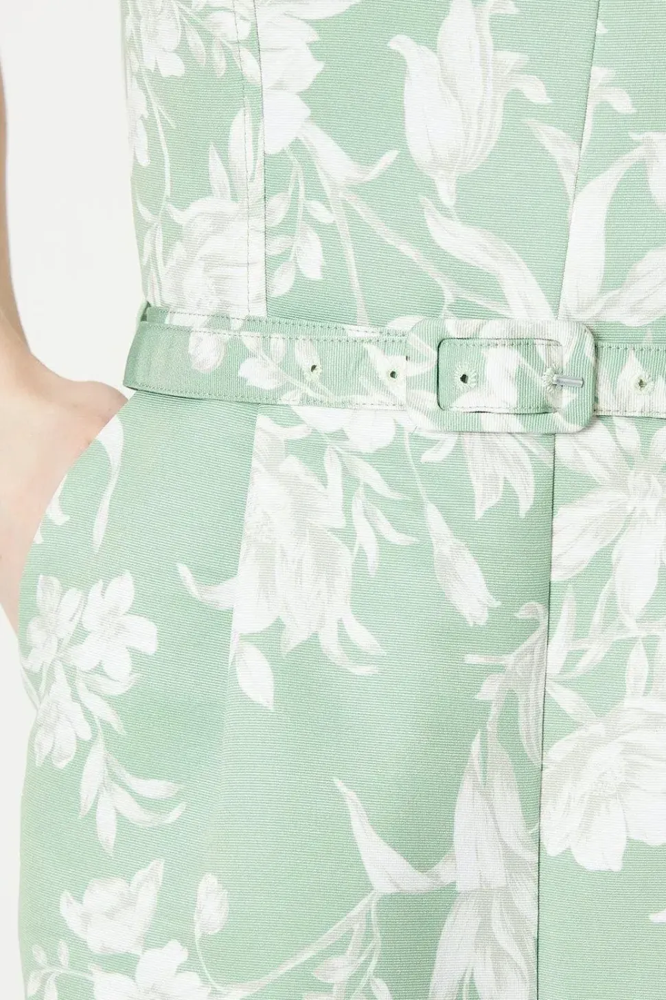 Sage Floral Ottoman Twill Belted Wide Leg Jumpsuit