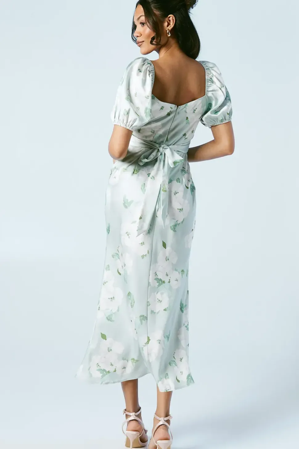 Sage Posy Puff Sleeve Satin Wrap Top Bridesmaids Dress
