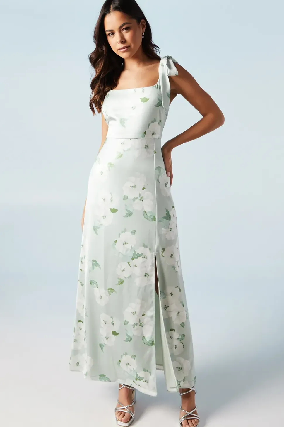 Sage Posy Satin Tie Shoulder Bridesmaids Dress