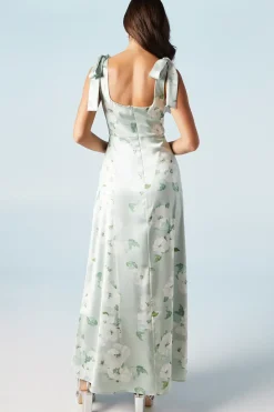 Sage Posy Satin Tie Shoulder Bridesmaids Dress