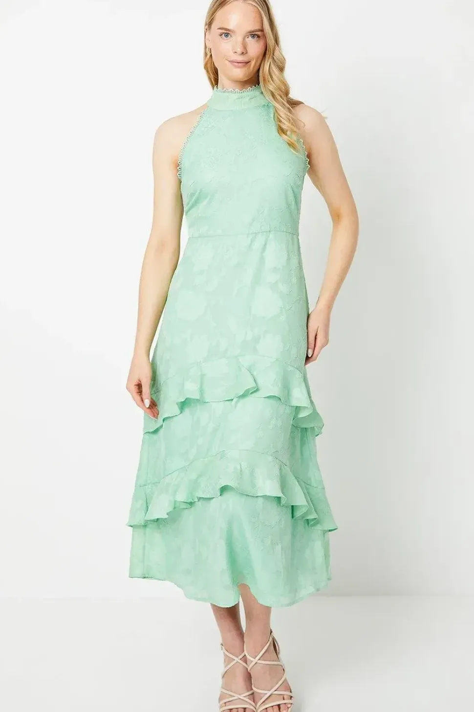 Sage Satin Jacquard Halterneck Midi Dress