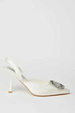 Samia Bridal Satin Jewelled Brooch Detail Slingback High Heel Court Shoes