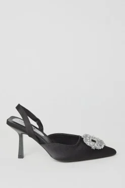 Samia Satin Jewelled Brooch Detail Slingback High Heel Court Shoes
