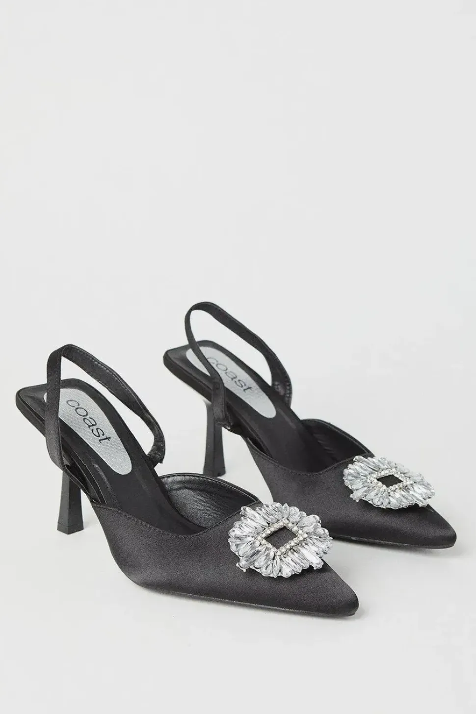Samia Satin Jewelled Brooch Detail Slingback High Heel Court Shoes