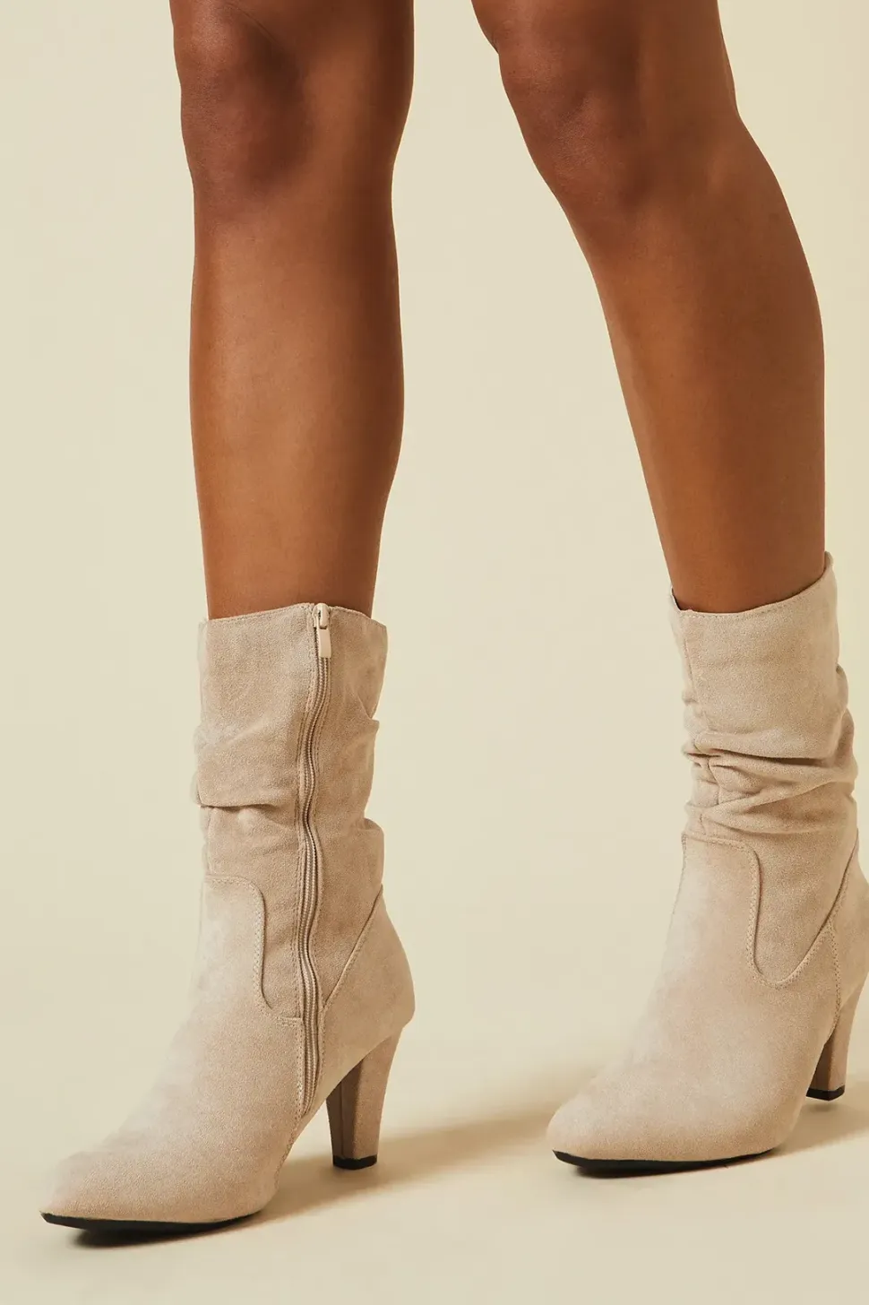 Sara Faux Ruched Detail Mid Calf High Heel Boot