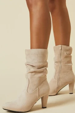 Sara Faux Ruched Detail Mid Calf High Heel Boot
