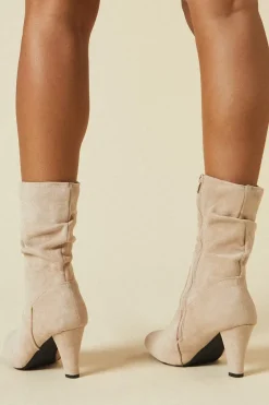 Sara Faux Ruched Detail Mid Calf High Heel Boot