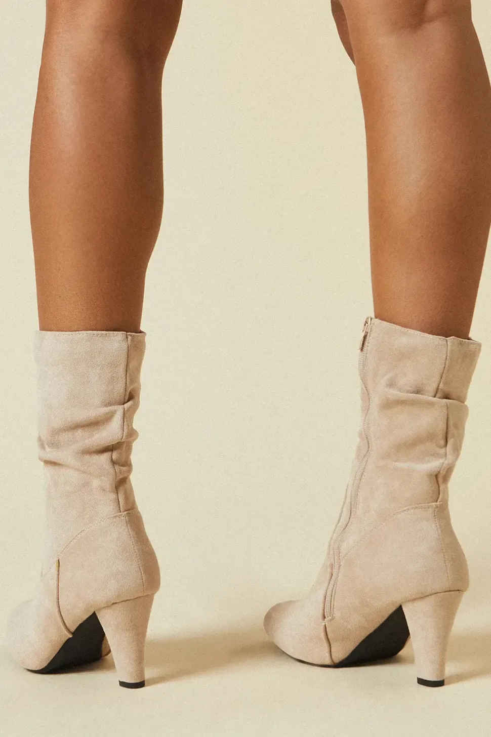Sara Faux Ruched Detail Mid Calf High Heel Boot